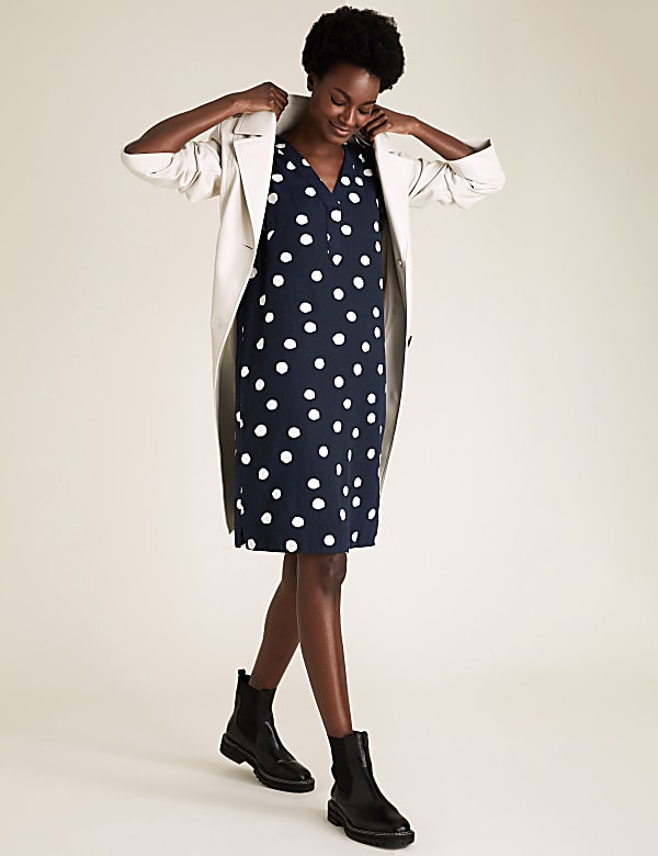 Linen Blend Polka Dot Shift Dress