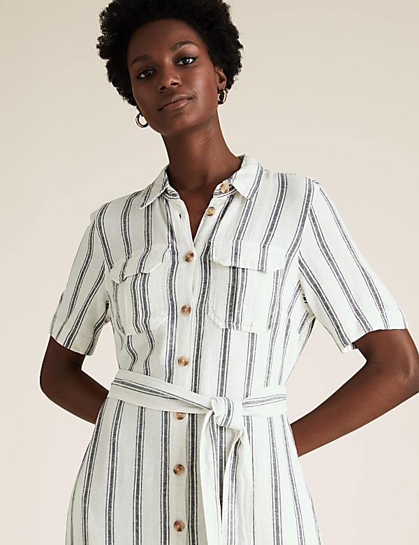 Linen Blend Striped Belted Midi Dress