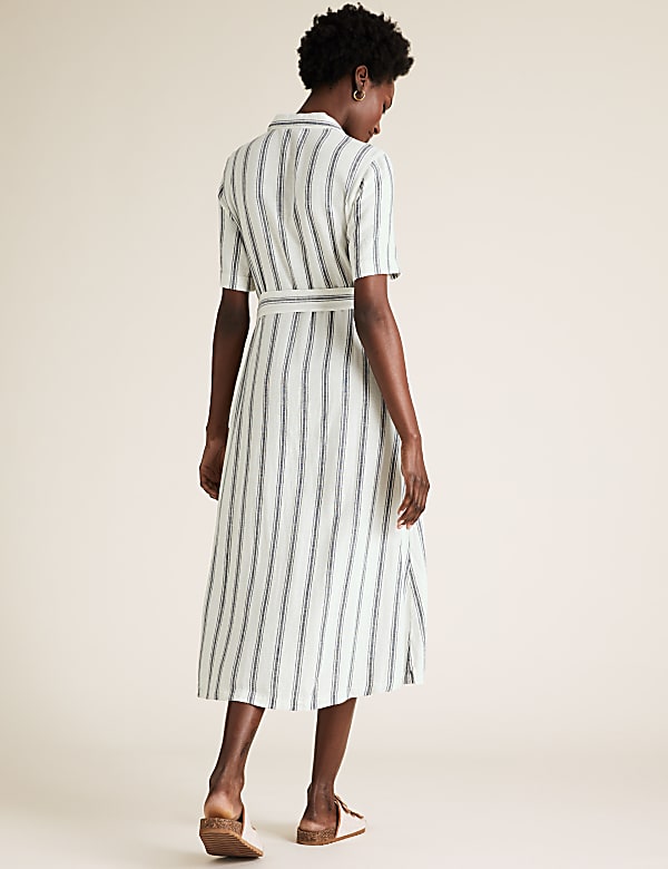 Linen Blend Striped Belted Midi Dress