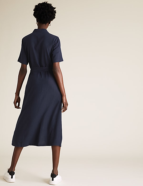 Linen Blend Collared Midi Shirt Dress