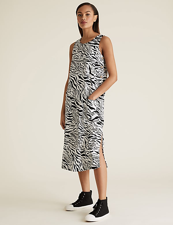 Linen Animal Print Midi Shift Dress