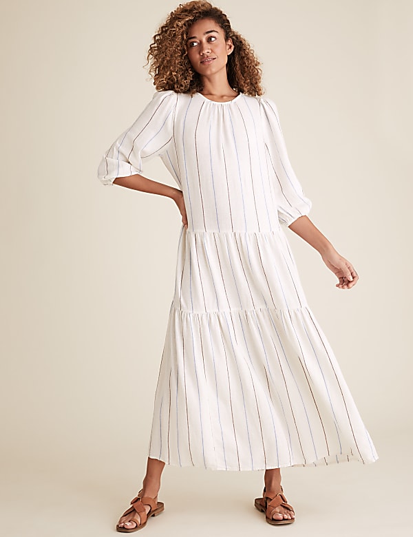 Linen Striped Midaxi Tiered Dress