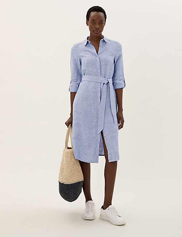 Pure Linen Belted Midi Shirt Dress - PT