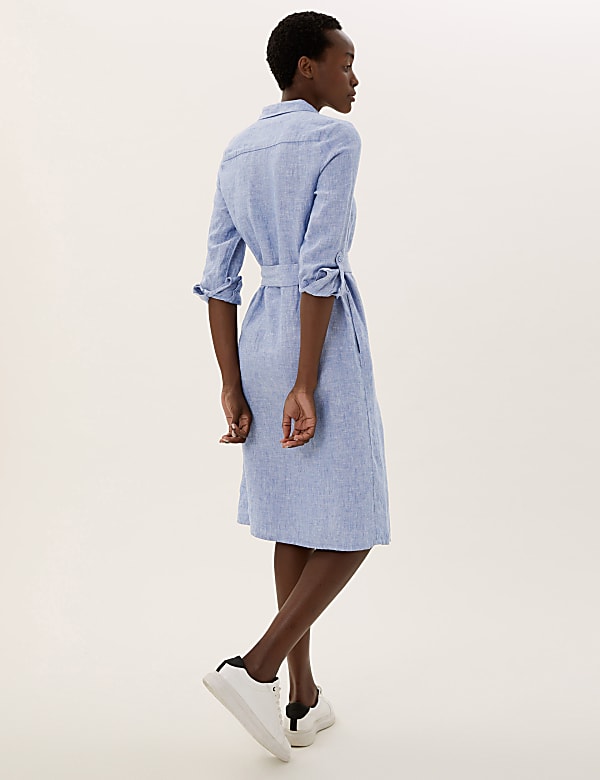 Pure Linen Belted Midi Shirt Dress - PT