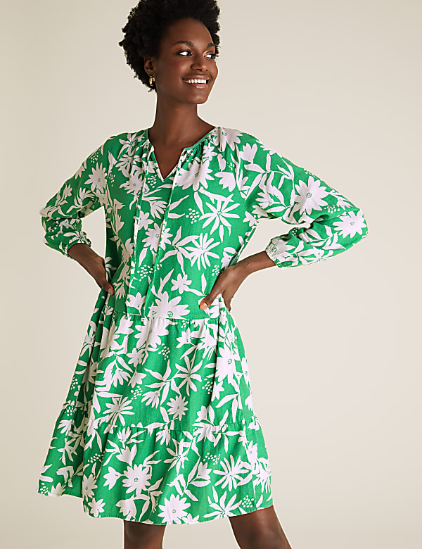 Linen Floral Tie Neck Mini Swing Dress