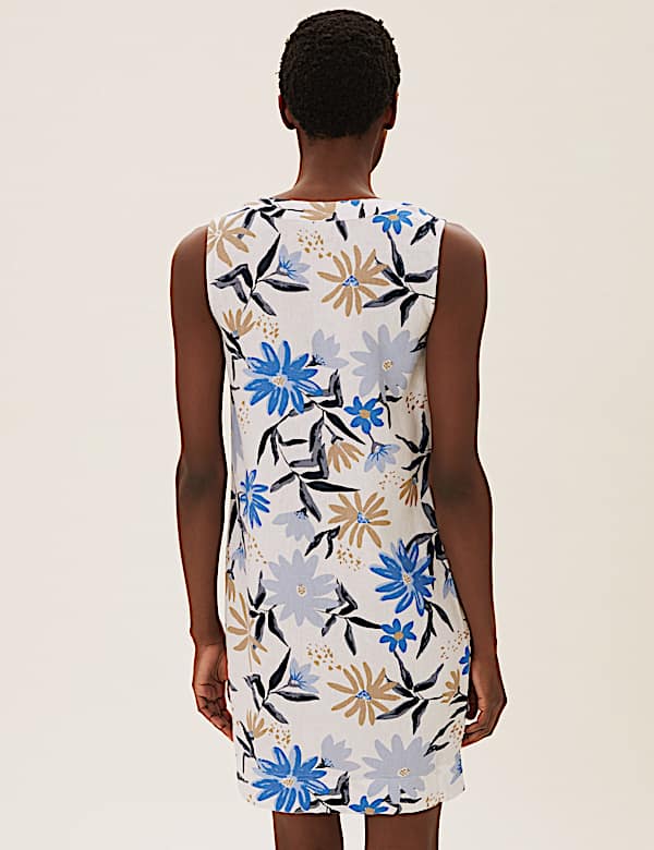Linen Blend Floral V-Neck Mini Dress - AU
