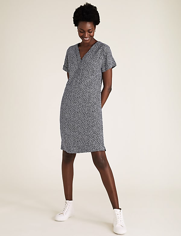 Linen Blend Leaf Print Mini Shift Dress
