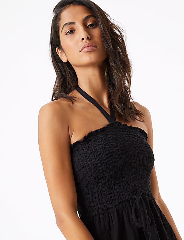 Pure Cotton Woven Shirred Midi Beach Dress