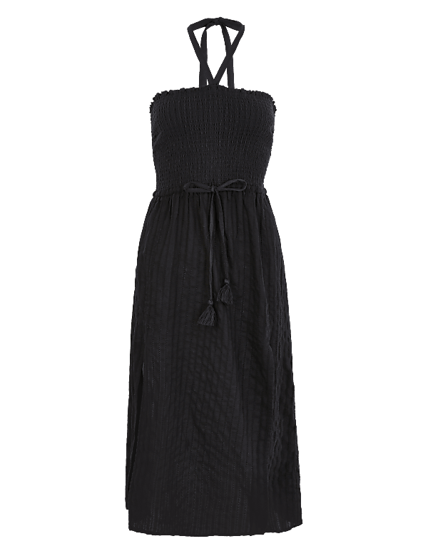 Pure Cotton Woven Shirred Midi Beach Dress