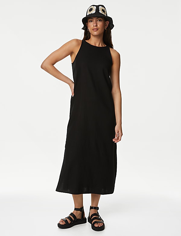 Vestido estilo combinación a media pierna de lino con cuello alto - ES