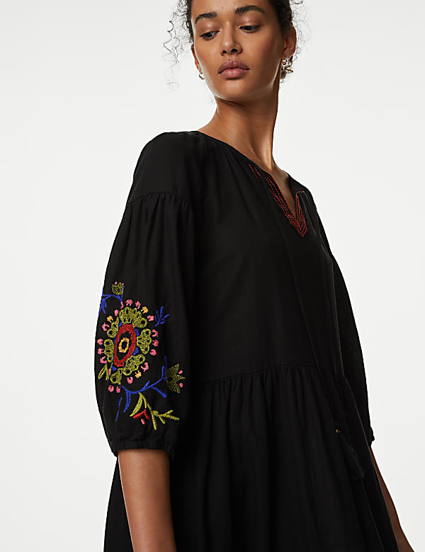 Linen Blend Embroidered Midi Beach Dress