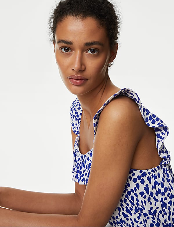 Linen Blend Printed Square Neck Midi Dress
