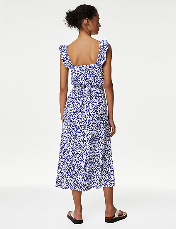 Linen Blend Printed Square Neck Midi Dress