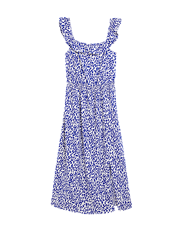 Linen Blend Printed Square Neck Midi Dress