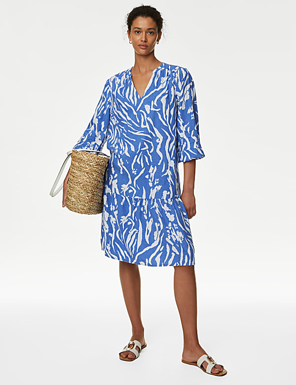 Linen Rich Printed V-Neck Midi Relaxed Dress