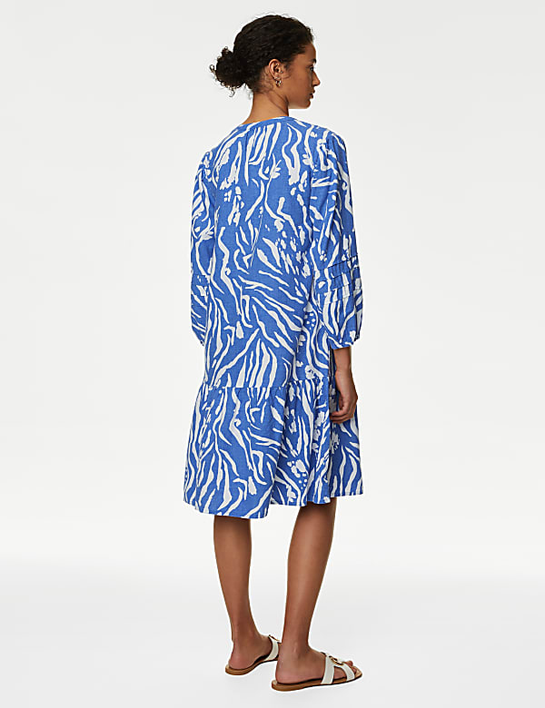 Linen Rich Printed V-Neck Midi Relaxed Dress