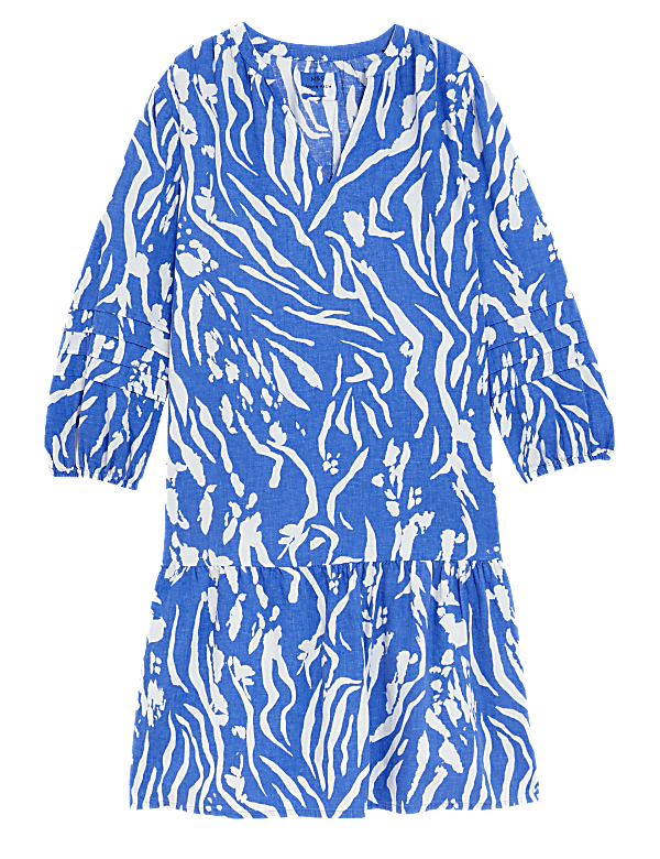 Linen Rich Printed V-Neck Midi Relaxed Dress