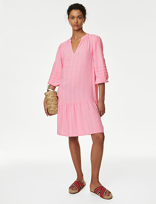 Linen Rich Striped V Neck Midi Dress