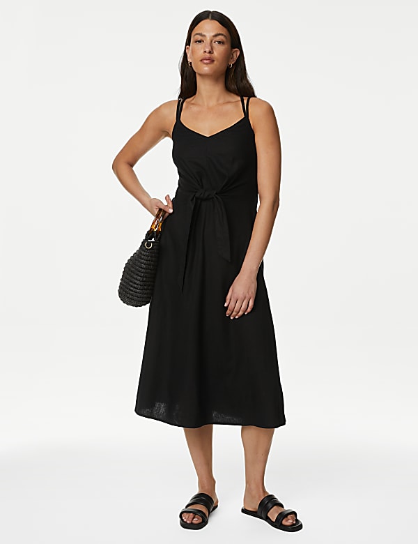 Linen Rich V-Neck Midi Waisted Dress