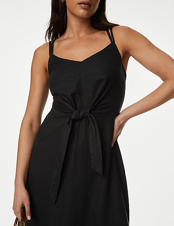 Linen Rich V-Neck Midi Waisted Dress
