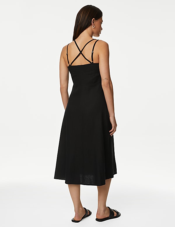 Linen Rich V-Neck Midi Waisted Dress