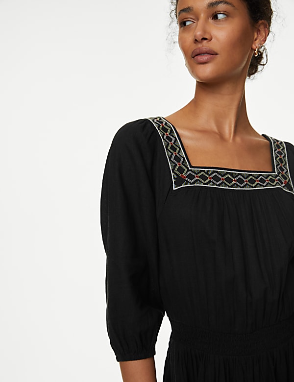 Linen Blend Embroidered Shirred Dress