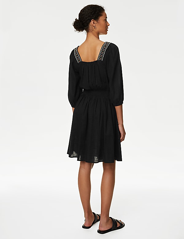Linen Blend Embroidered Shirred Dress