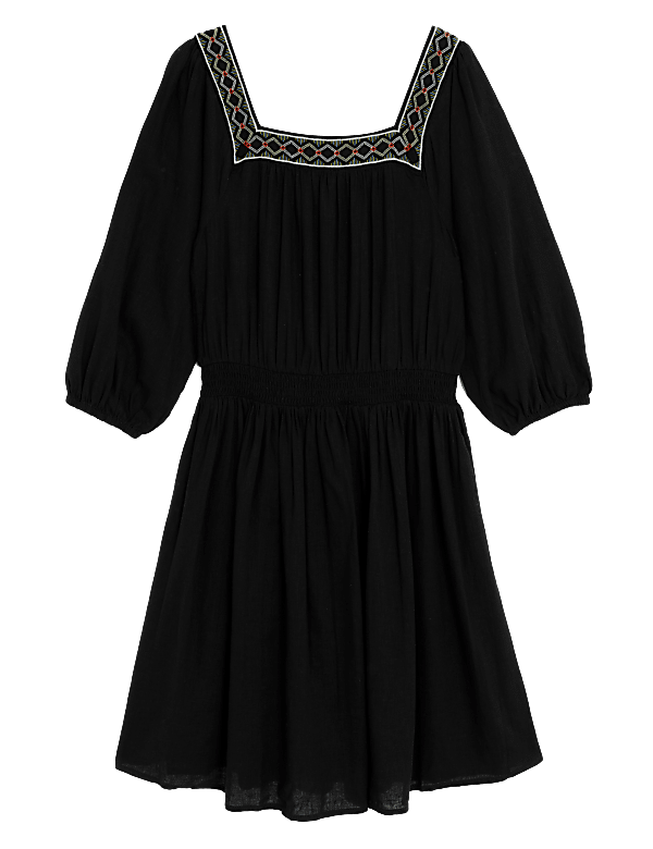 Linen Blend Embroidered Shirred Dress