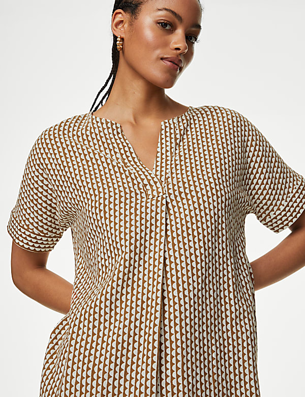 Linen Rich Printed V-Neck Shift Dress