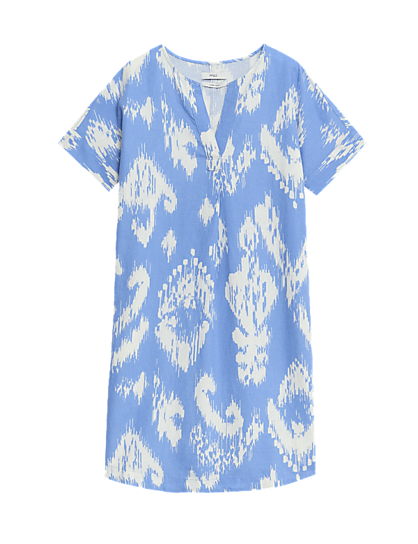 Linen Rich Printed V-Neck Shift Dress