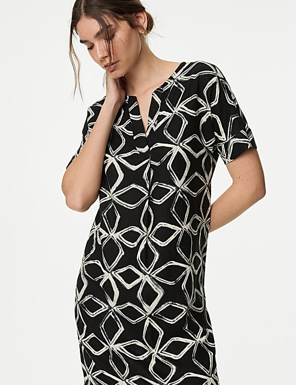Buy Linen Rich Printed V Neck Shift Dress at Marks Spencer
