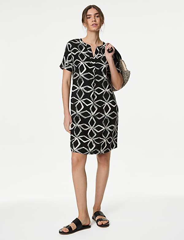 Linen Rich Printed V-Neck Shift Dress