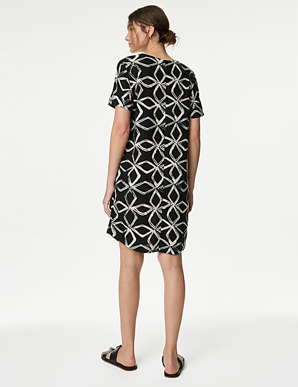 Linen Rich Printed V-Neck Shift Dress