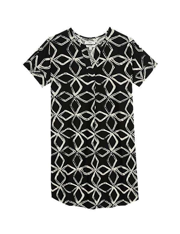 Linen Rich Printed V-Neck Shift Dress