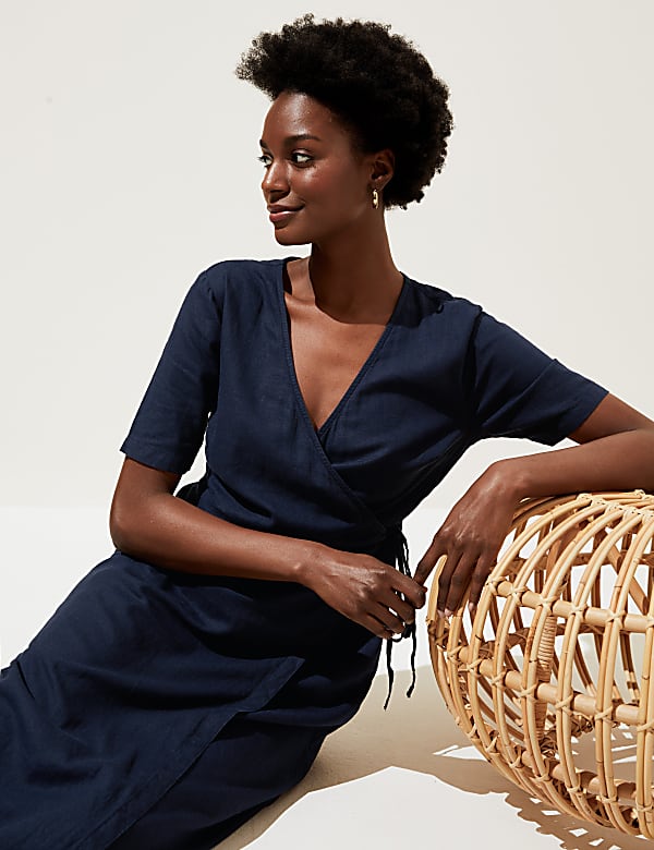 Buy Linen Blend Short Sleeve Midi Wrap Dress at Marks Spencer