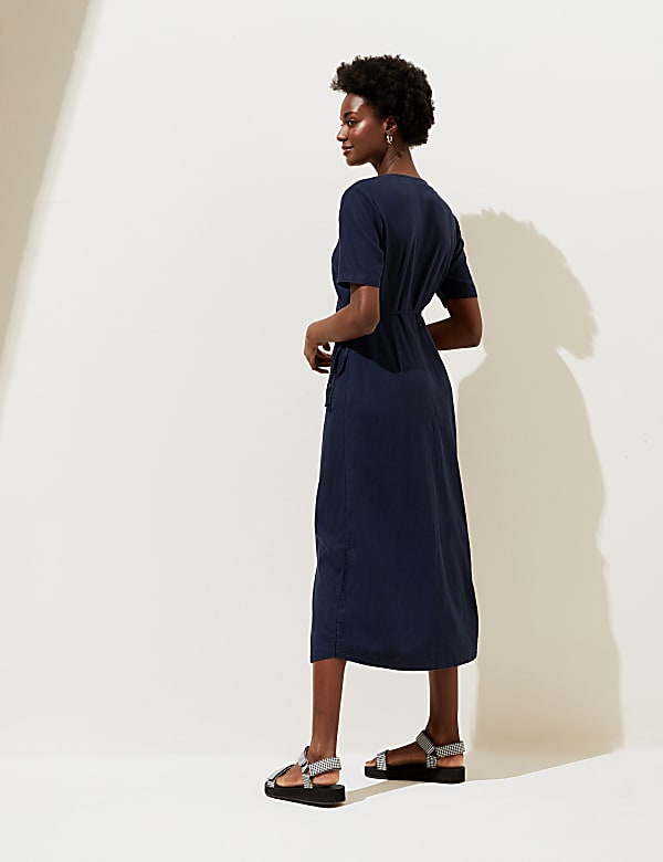 Linen Blend Short Sleeve Midi Wrap Dress