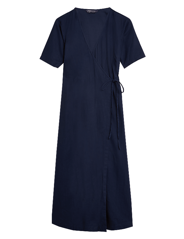 Linen Blend Short Sleeve Midi Wrap Dress
