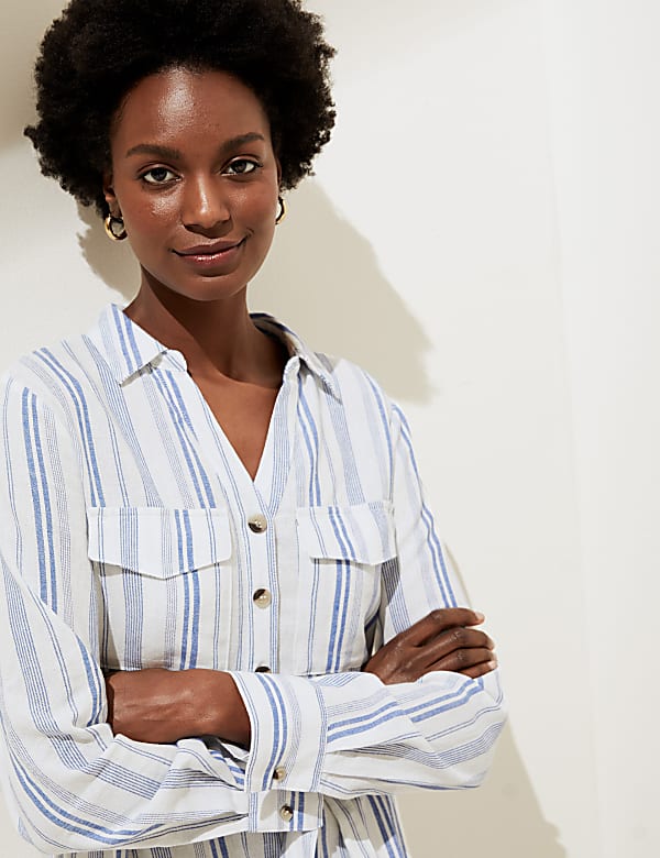 Linen Rich Striped Knee Length Shirt Dress