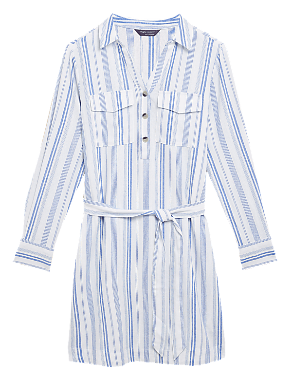 Linen Rich Striped Knee Length Shirt Dress