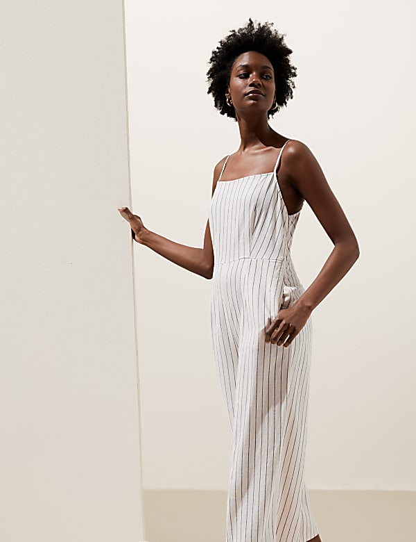 Linen Rich Striped Square Neck Jumpsuit