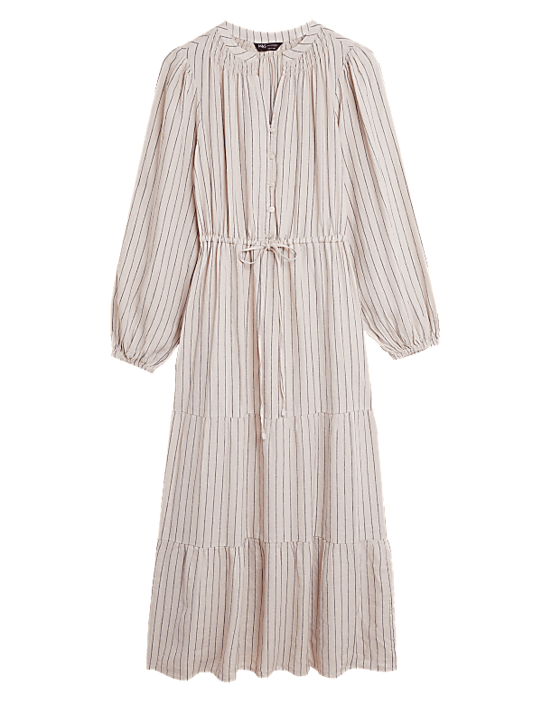 Linen Blend Striped Maxi Tiered Dress