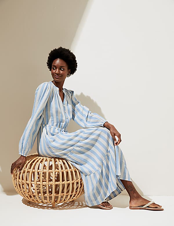 Linen Blend Striped Maxi Tiered Dress