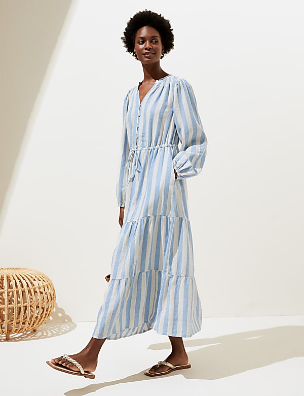 Linen Blend Striped Maxi Tiered Dress