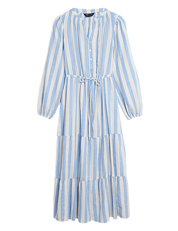 Linen Blend Striped Maxi Tiered Dress