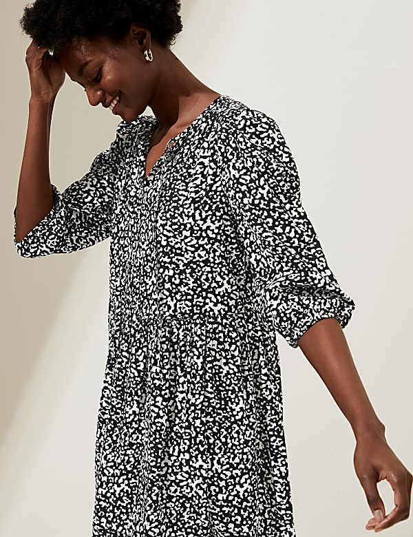 Linen Blend Printed Mini Tiered Dress
