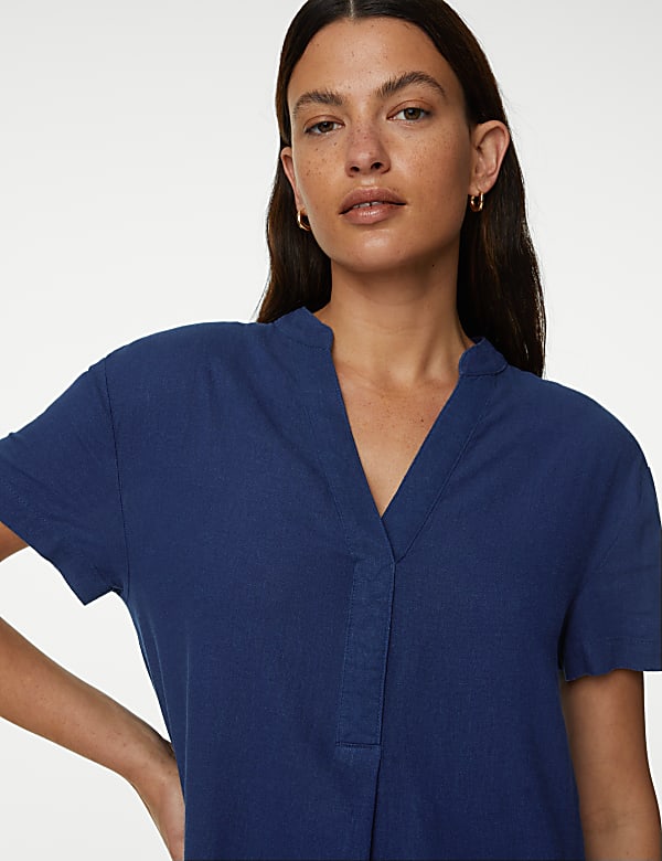 Linen Rich V-Neck Short Sleeve Shift Dress