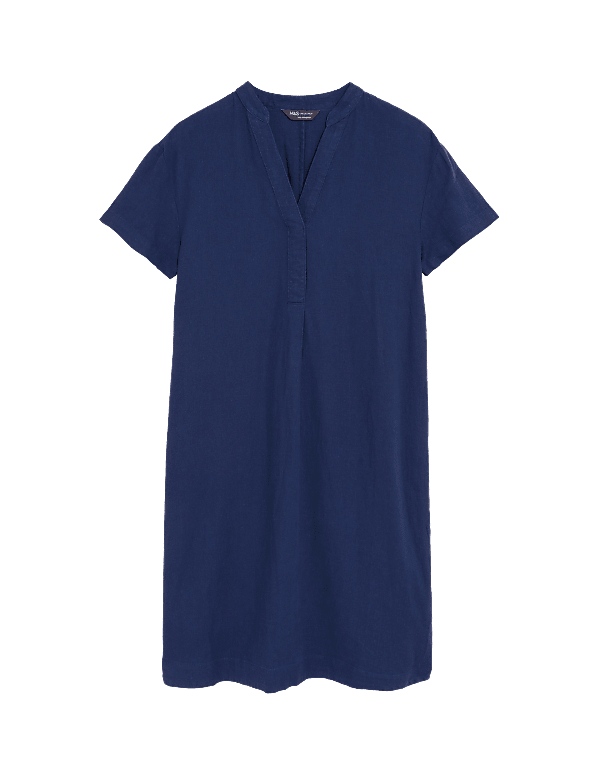 Linen Rich V-Neck Short Sleeve Shift Dress