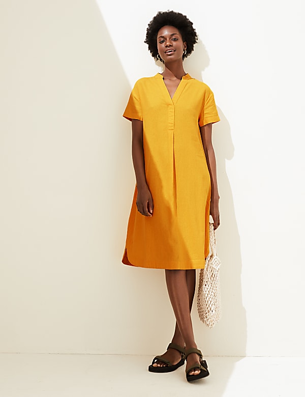 Linen Rich V-Neck Short Sleeve Shift Dress