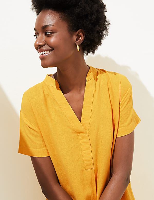Linen Rich V-Neck Short Sleeve Shift Dress