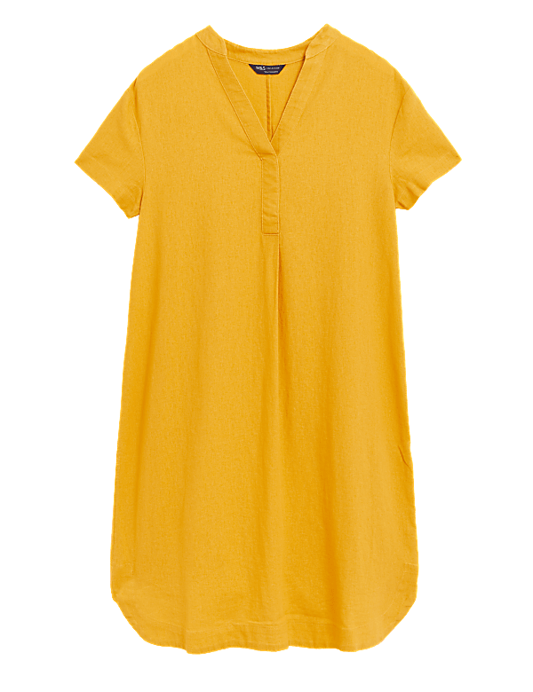 Linen Rich V-Neck Short Sleeve Shift Dress